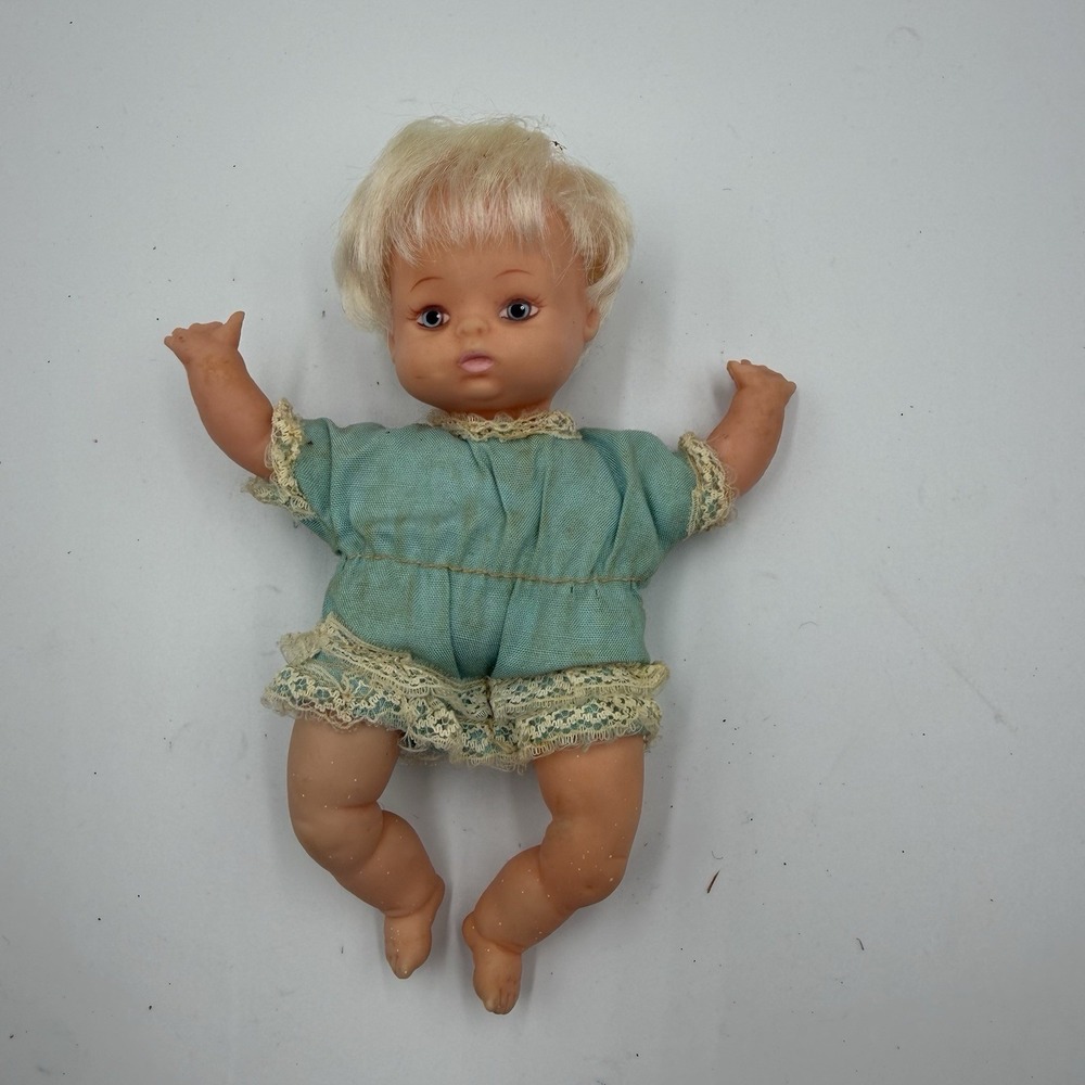Vintage 1970s Uneeda Baby Doll Blonde Hair Blue Eyes Blue Dress